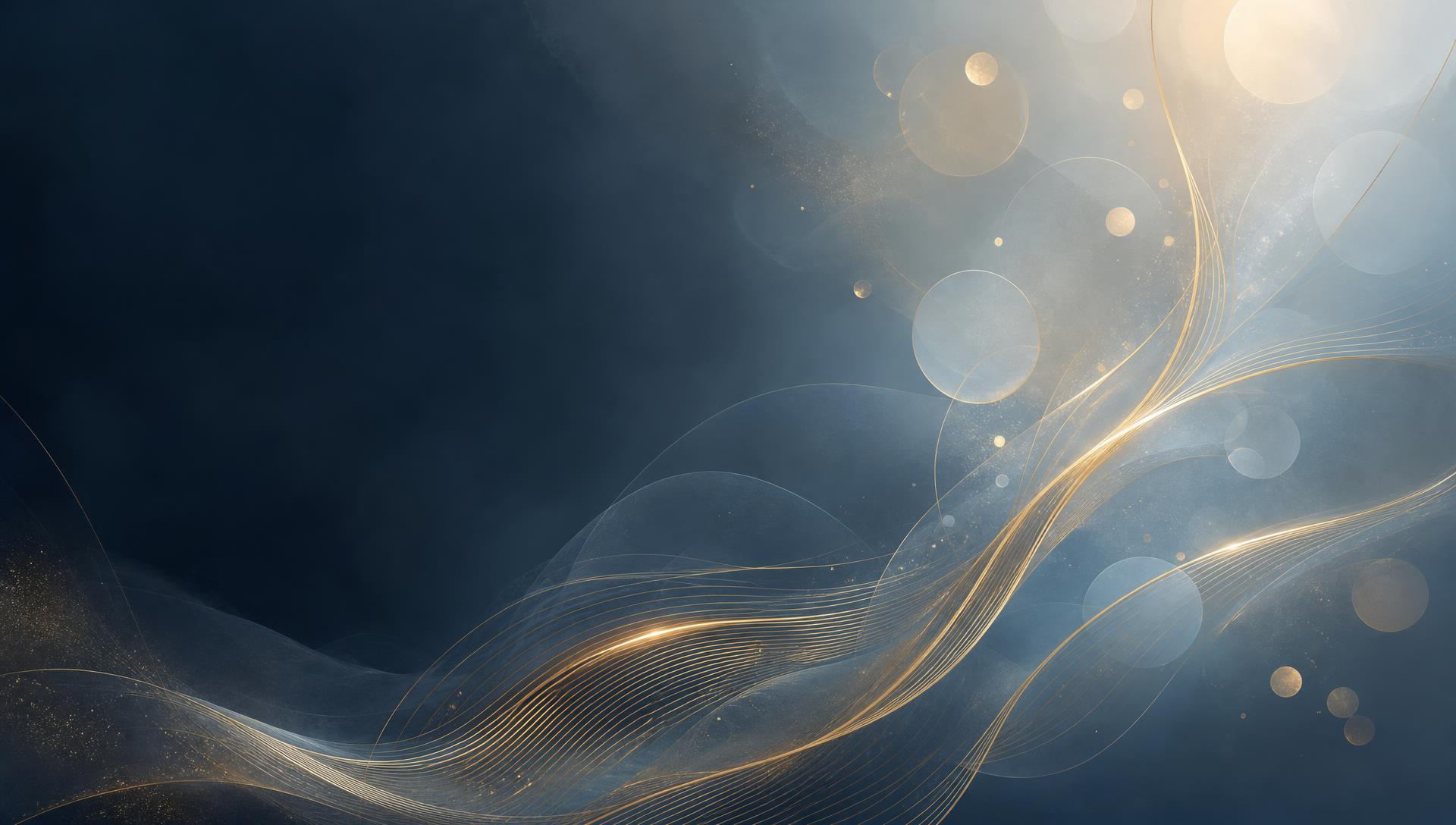 Soft abstract background with flowing gold lines and translucent circles over a muted blue-grey gradient